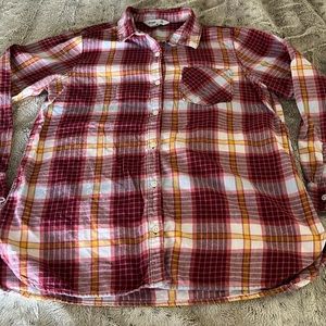 Red plaid flannel shirt L button down cranberry & golden rod rustic farmhouse ON